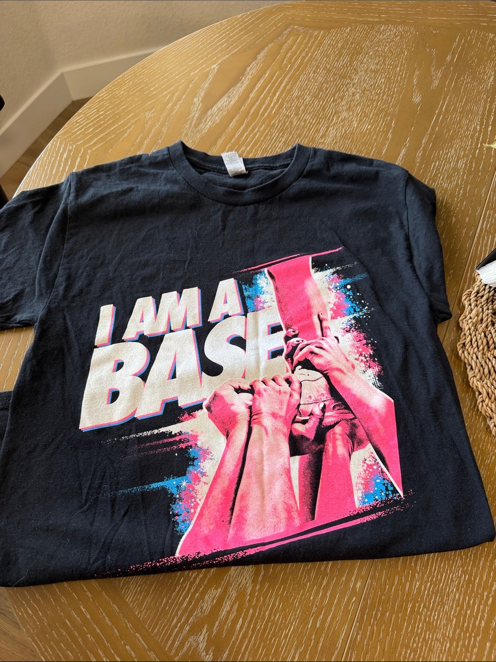 I AM A BASE Black Graphic Tee with Pink & Blue Print